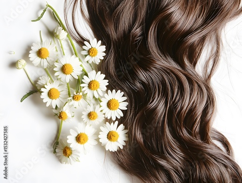 Long Brown Wavy Hair with Chamomile Flowers