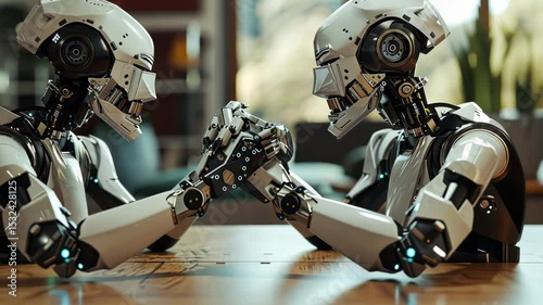 A showcase of robotic relationships through a friendly arm wrestling match between two bots. Robotic relationships