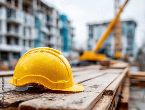 Construction site with a yellow hard hat and machinery in the background