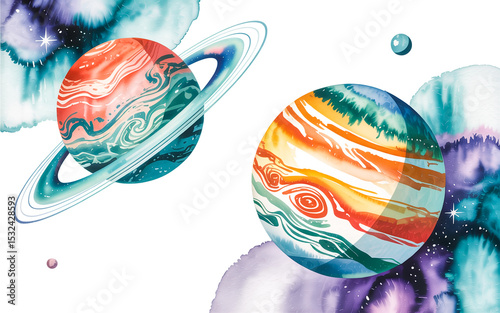 A watercolor illustration of two planets side by side against a white background .