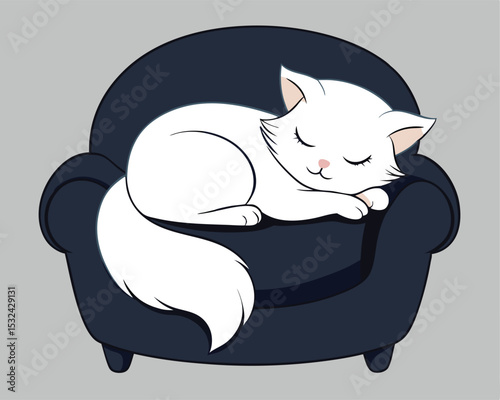 Adorable cartoon white cat sleeping peacefully on a comfortable navy blue armchair illustration. cat, animal, cartoon, vector, pet, kitten, illustration, cute, kitty, feline, domestic.