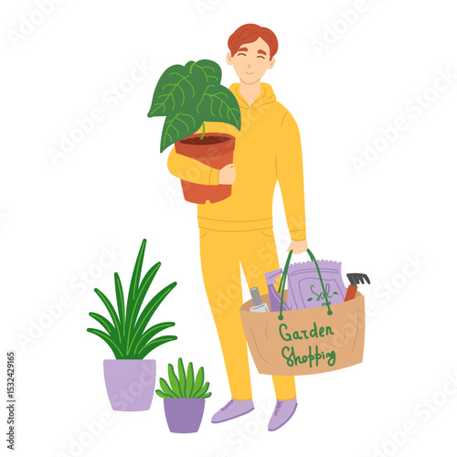 Man shopping in garden store in flat cartoon design. Happy buyer holds houseplant and bag with soil mix package, spray bottle and other gardener tools, standing by plants in pots. Vector illustration