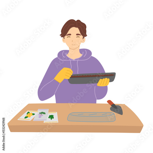 Man sowing seeds in spring in flat cartoon design. Happy gardener holding and preparing growing tray with soil for planting flower seeds. Gardening tools and farming equipment. Vector illustration