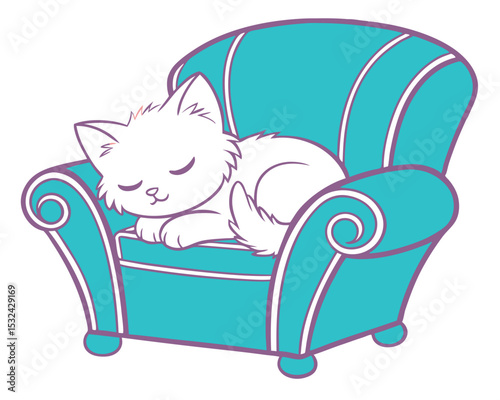 Adorable white cat sleeping comfortably on a stylish teal armchair vector illustration.