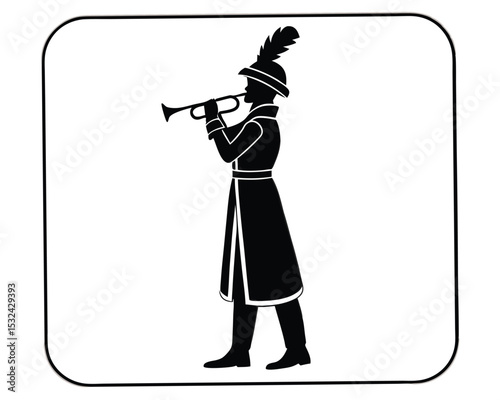 Black and white silhouette of a musician playing a trumpet in formal attire