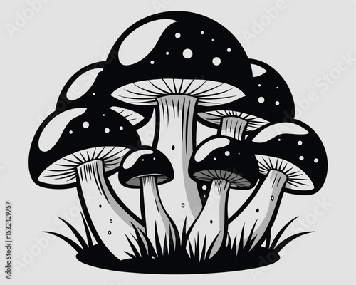 Vector illustration of a cluster of stylized mushrooms with white spots growing from grass.