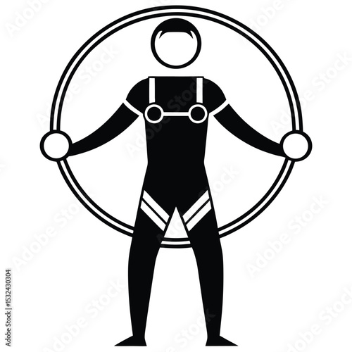 Silhouette of a male acrobat inside a large hoop performing circus tricks illustration.