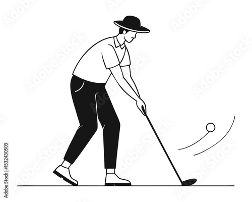 Minimalist illustration of a golfer swinging a club and hitting a golf ball.