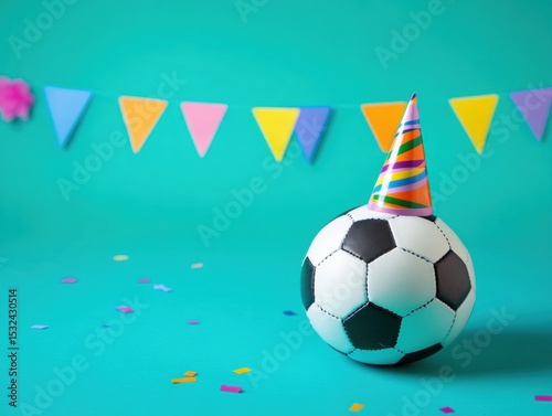 Soccer ball decorated for a birthday celebration with colorful banners