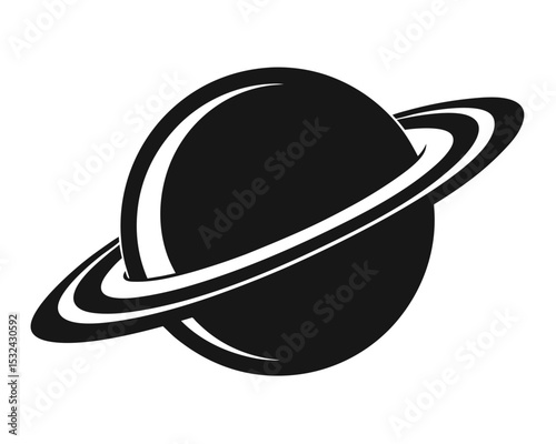 Black and white minimalist illustration of a planet with rings for space exploration concepts.