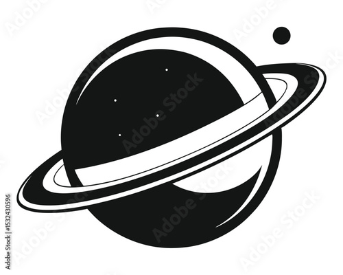Black and white simple illustration of planet with rings and a small celestial body.