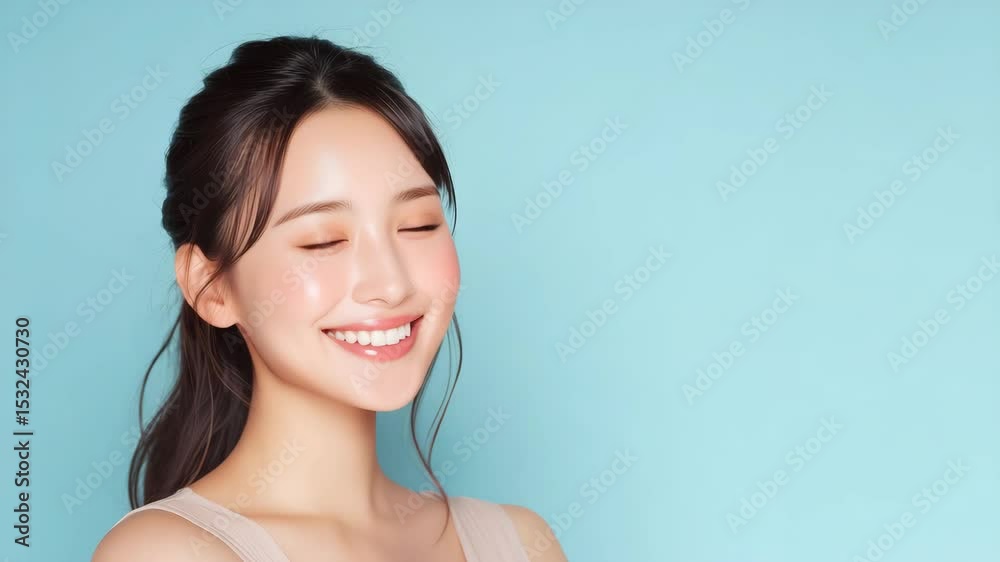 笑顔と清潔感あふれる女性ポートレート、青背景 / AI
