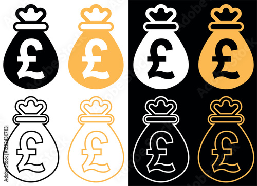 Pound Money Bag Icons. Vector illustration isolated on black and white background.