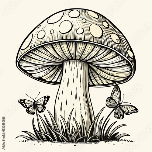 Vintage mushroom illustration with butterflies and grass in a nature inspired black and white style.
