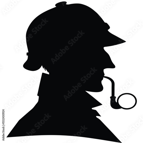 Silhouette depiction of a famous detective profile with a pipe and deerstalker hat.