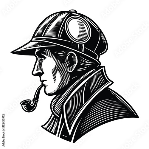 Classic black and white illustration of a detective smoking a pipe and wearing a hat.