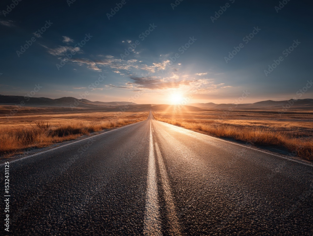 Naklejka premium Beautiful sunrise over open highway in a tranquil landscape with mountains