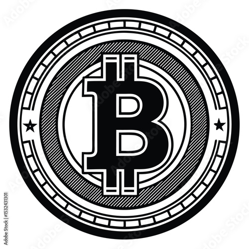 Bitcoin cryptocurrency emblem illustration showing a conceptual and detailed black and white design
