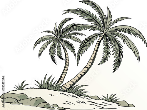 Tropical beach scene illustrating two palm trees on a sandy shoreline in a vector style.