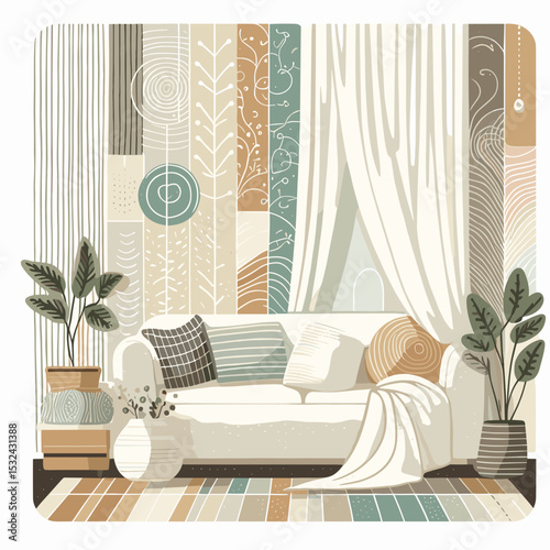 Cozy living room with linen curtains and stylish sofa in a modern decorative setting