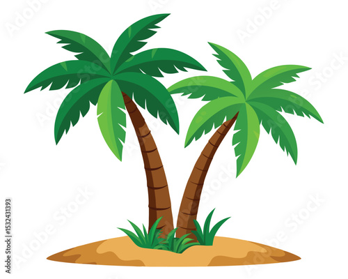 Tropical island paradise scene depicting two palm trees on a sandy beach with vegetation.