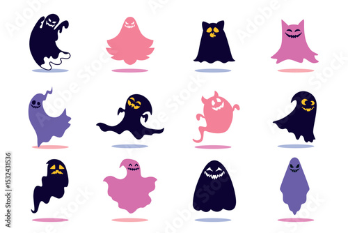 Halloween Spooky Ghost Collection in Hand Drawn Style. Ghost icon. Playful night spirit with decorations. perfect for cards, patterns, print, web