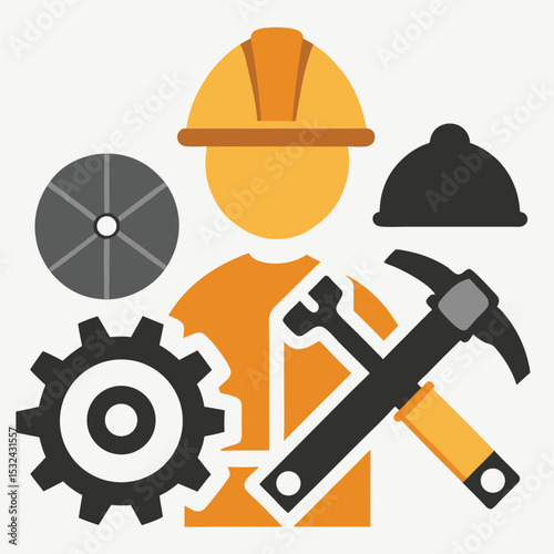 Construction worker with tools and gear vector illustration for industry and engineering concept. construction, worker, engineer, tools, gear, hammer, wrench, helmet, hard hat, gear wheel, industry,.