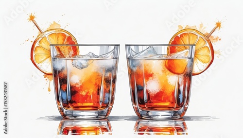 Illustration of Two Glasses with Orange Beverage, Ice, and Orange Slices in a Dynamic Splash