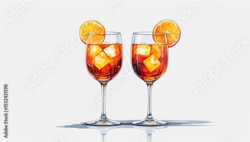 Illustration of Two Aperitif Glasses with Ice and Orange Slices on a Bright Background