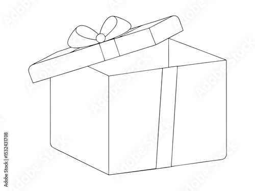 Outline drawing of an open gift box with a decorative bow on the lid, blank and isolated. gift, present, box, open, ribbon, bow, package, birthday, celebration.