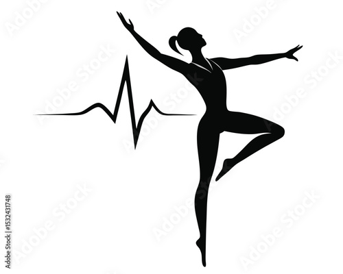 Silhouette of a graceful dancer and heartbeat line representing wellness and health. dancer, ballet, fitness, health, heartbeat, pulse, wellness, balance, movement, silhouette.