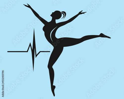 Silhouette of a graceful ballerina and heartbeat graphic representing health and dance.