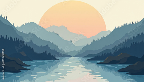Landscape with Mountain Lake and Rising Sun