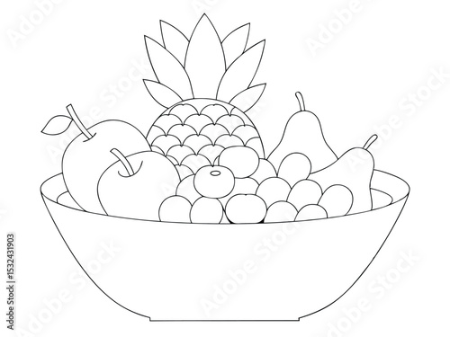 A black and white outline illustration depicting a bowl filled with various fruits.