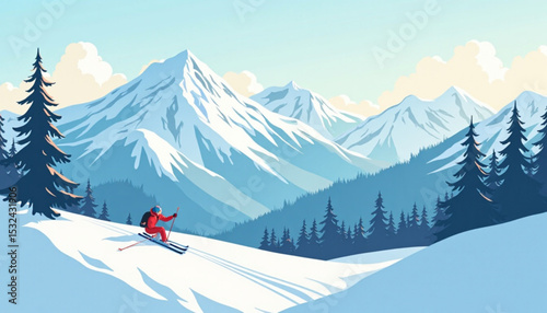 Skier on Snowy Mountain with Trees and Blue Sky
