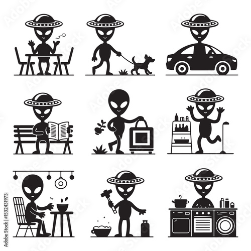 Alien daily life lineart comic activity character set

