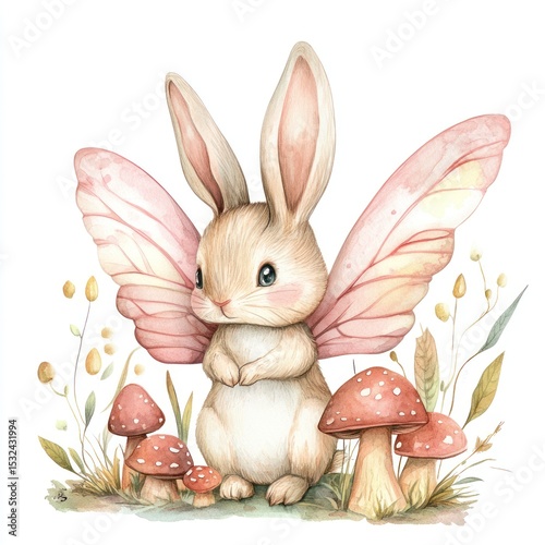 Watercolor painting of a cute bunny fairy with pink wings surrounded by mushrooms