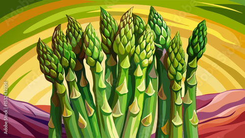 Cartoon bunch of fresh green asparagus spears against a vibrant abstract background with warm colors