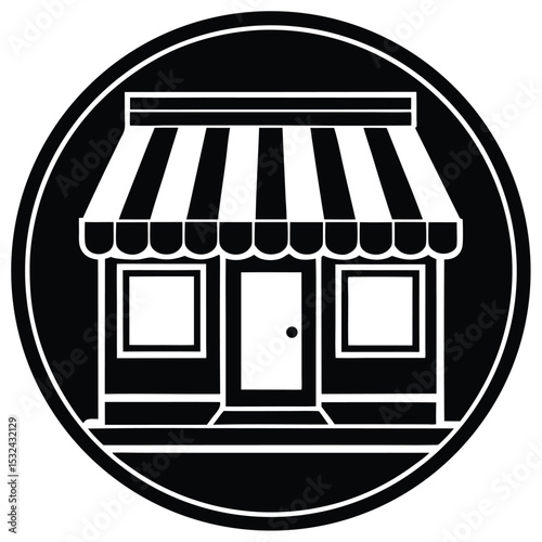 Simple black and white illustration of a shopfront or store in a circular emblem design.