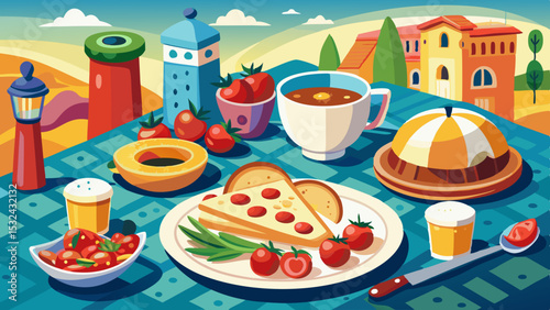 Colorful cartoon breakfast table with pancakes, toast, fresh fruit, cherry tomatoes, pumpkin, juice, and coffee on a checkered cloth