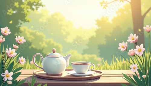 Teapot and Cup on Table with Flower Background