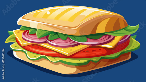 Cartoon sandwich with grilled bun, lettuce, tomato, onion, cheese, and spinach in a colorful flat style on blue background