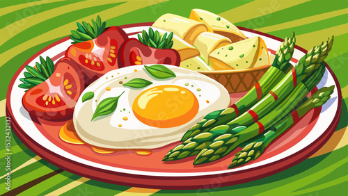 Cartoon breakfast with fried egg, strawberries, asparagus, and tortilla chips on a colorful plate over green striped background