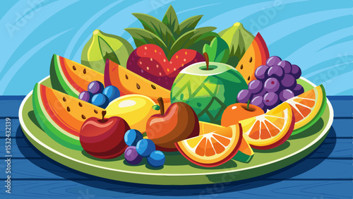 Cartoon fruit platter with watermelon, grapes, apples, oranges, pineapple, and berries on a green plate with blue background