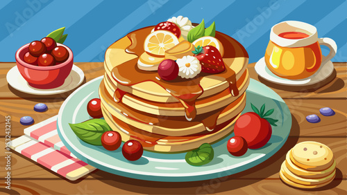 Cartoon stack of pancakes with syrup, berries, banana, citrus slices, and whipped cream on a wooden table