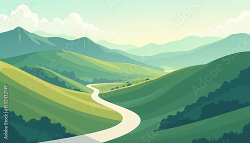 Landscape view with road through green hills and mountains