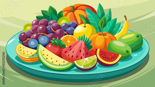 Cartoon fruit platter with watermelon, lime, grapes, berries, citrus, banana, and tropical fruits on a blue plate