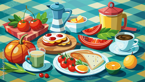 Cartoon breakfast table with pancakes, toast, tomatoes, fruit slices, coffee, juice, and tea on a checkered cloth