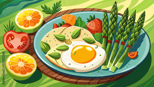 Cartoon healthy breakfast with fried egg, asparagus, tortilla, and vegetables on a plate surrounded by fruits and greens