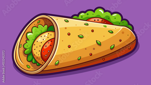 Cartoon burrito with lettuce, tomato, and meat wrapped in a tortilla on a purple background